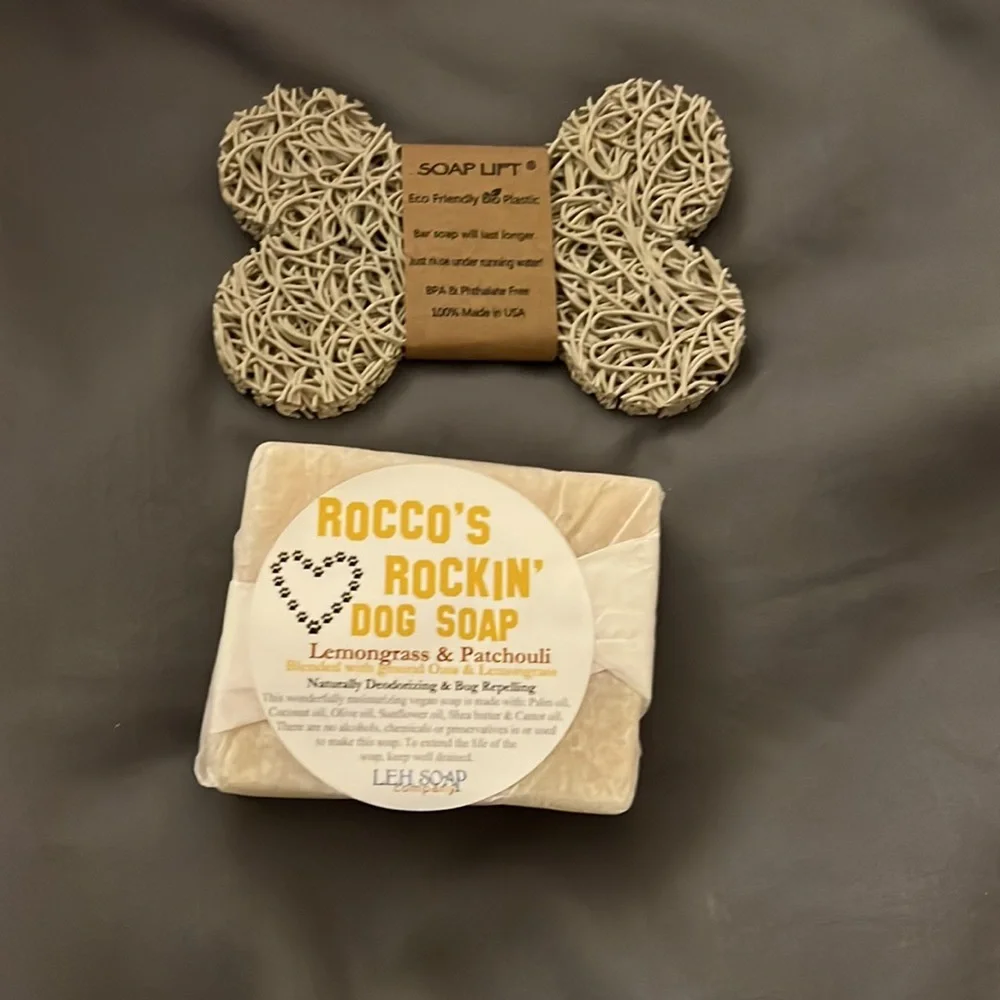Lemongrass & Patchouli deodorizing/ bug repelling bar dog soap/ holder NEW